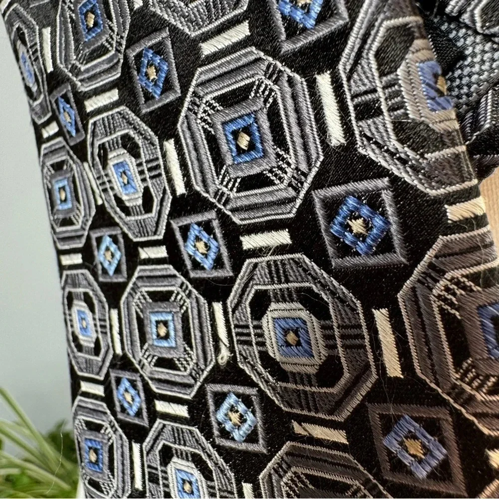 Pronto Uomo Couture Silk Tie 3.25” Width Black with Blue & Gray Geometric Print‎